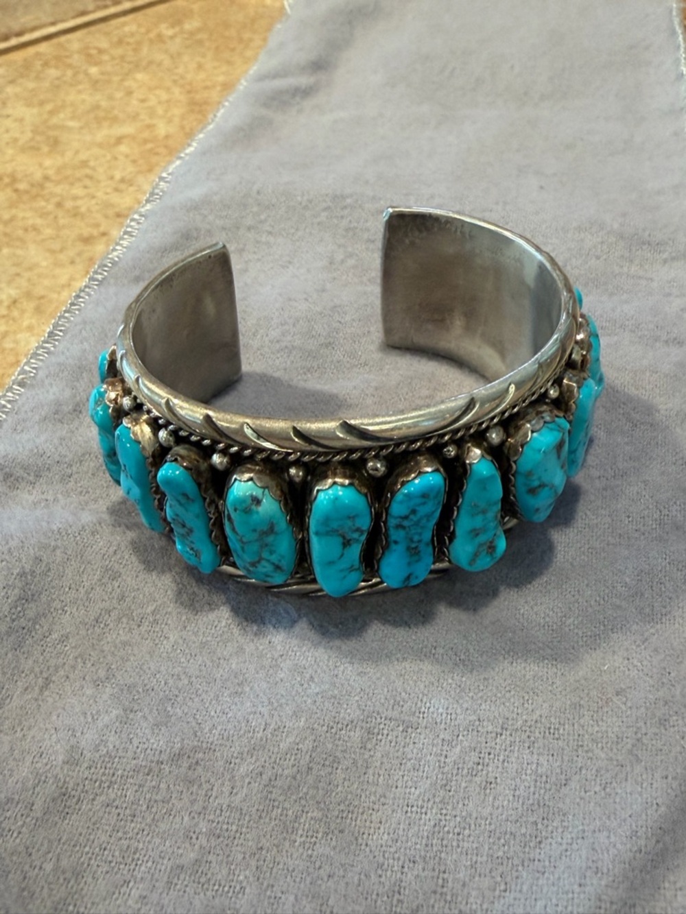 Handcrafted Turquoise Stone Sterling Silver Cuff Bracelet - Bright Turquoise